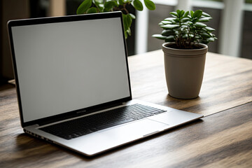 Canvas Print - Laptop on table with blank screen. New project workspace background on a laptop with a blank copy space for your advertising text message. Generative AI