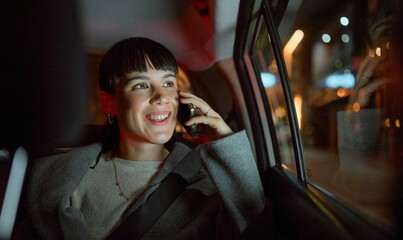 Poster - Travel, phone call and business woman in car chatting, talking or speaking to contact. Transport, night and happy female professional with mobile smartphone for networking, discussion or conversation