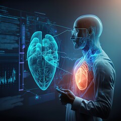 Sticker - Surgeon analyzing patient heart testing result and human anatomy on digital futuristic virtual interface, Digital holographic, AI, Technology, innovation in science and medicine, generative ai