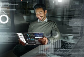 Poster - Businessman, futuristic tablet and analytics at night for digital analysis, statistics or data planning at office. Male employee with future touchscreen interface for company strategy on dark overlay