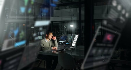 Fototapete - Businessman, futuristic digital interface and analytics at night for planning, strategy or stock market research at office. Male analyst working late for trading, fintech or big data management