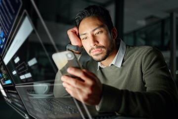 Poster - Phone, hologram or man reading trading news on financial website or searching for investments or stocks. Future overlay or trader with digital ui or ux on fintech app for profit growth data at night