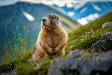 Wild Marmot In Its Natural Environment Of Mountains. Post-processed Digital AI Art