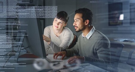 Poster - Business people, code with collaboration and information technology, computer for coding, partnership and overlay. Software development, team meeting and man with woman in office, focus and typing