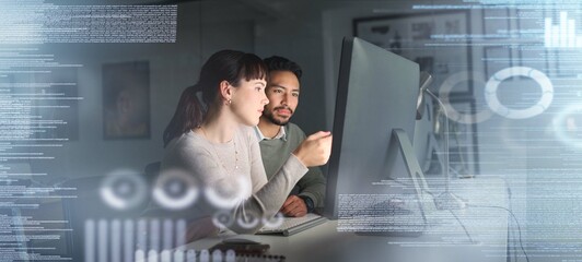 Aufkleber - Information technology, computer hologram and people stock market research, statistics and graph or chart analysis. Trading, digital overlay or software of team work, fintech data analytics at night