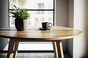 Canvas Print - Wood table in modern home room interior with empty copy space on the table for product display mockup. Furniture design and home decoration concept. Generative AI