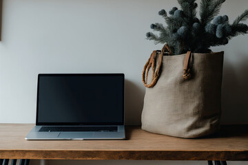 Poster - On a wooden stand with a fir tree, books, and a straw basket, there is a laptop with a blank screen and fake copy area. workplace for a minimalist home office desk. Generative AI