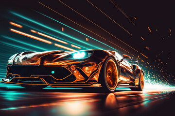 Sports car traveling fast on a neon highway. Supercar's quick acceleration on a nighttime track with elaborate lighting and tracks. Generative AI