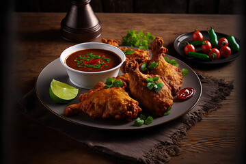 Delicious deep fried, battered, crispy chicken winglets with visible bones on a white plate on a dark wood table, with gravy boats holding mustard and tomato sauce in the background. Generative AI