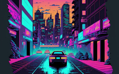 Poster - nighttime in a cyberpunk neon city. Scene of a futuristic city in pixel art fashion. 1980s wall decor. Future era retro illustration. urban setting. Generative AI