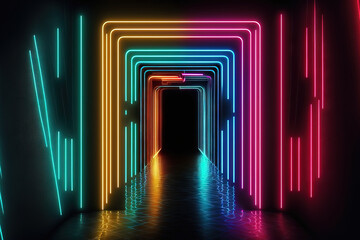 Wall Mural - neon lights, a laser display, glowing lines, an abstract fluorescent background, an optical trick, a space, a hallway, or the interior of a nightclub. Generative AI