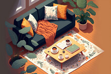 View From Above Of A Living Room With A Couch, A Plant, An Open Book, And Tea. Concept Of Home Comfort. Idea To Relax Lay Flat. Home Information. Generative AI