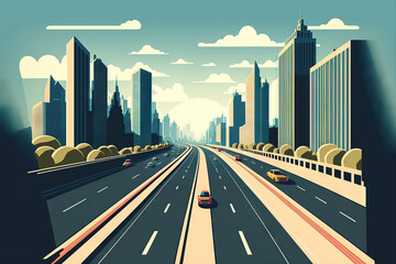 Poster - Highway traffic from a panoramic angle looking out to infinity. Urban highway is a flat, cartoon style image with vehicles, a city skyline, and a road leading towards the city. Generative AI