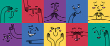 Funny Face Characters, Creative Doodles. Color Human, Abstract People Smile, Fun Diverse Emotions, Positive Mood. Square Cards With People Portrait, Various Hand Gestures. Vector Cartoon Concept