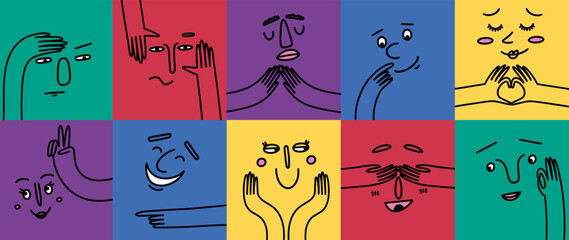 Funny face characters, creative doodles. Color human, abstract people smile, fun diverse emotions, positive mood. Square cards with people portrait, various hand gestures. Vector cartoon concept