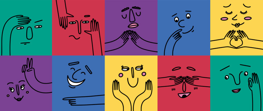 Wall Mural - Funny face characters, creative doodles. Color human, abstract people smile, fun diverse emotions, positive mood. Square cards with people portrait, various hand gestures. Vector cartoon concept