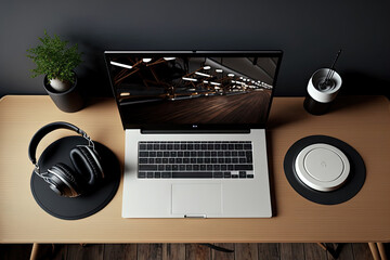 Canvas Print - Top view, Modern comfortable home working space interior design with laptop and pc computer blank screen mockup, headphones and decor on wood table against the black wall. , 3d illustration