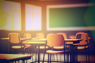 Poster - School classroom in blur background without young student; Blurry view of elementary class room no kid or teacher with chairs and tables in campus. Generative AI