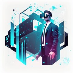 Poster - Businessman explore metaverse technology with blockchain network connecting. Computer generated environment between user interface and virtual reality on social media platform, Generative AI