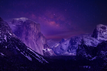 Wall Mural - Night landscape view of mountain range with Milky Way galaxy at Yosemite National Park, California USA
