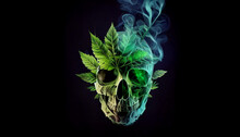 Hemp Leaf Grow Inside Human Skull. Marijuana Leaves In Skull Head On Dark Background For Shirt Art. Generative AI