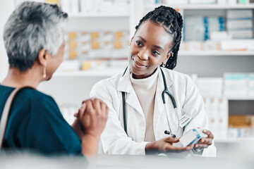 Canvas Print - Help, medicine or old woman consulting with a pharmacist for retail healthcare treatment information. Questions, trust or doctor helping a sick senior person shopping for pills or medical drugs