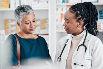 Poster - Questions, pharmacy or old woman consulting with a pharmacist for retail healthcare information. Medicine, trust or doctor helping a sick senior person shopping for medication, pills or medical drugs