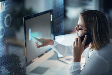 Fingerprint, computer hologram and woman in digital overlay for night password, cybersecurity biometrics and phone call. Future technology, futuristic software and app monitor of person on smartphone