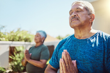 Wall Mural - Senior couple, meditation and fitness exercise for wellness, zen and relax in garden, peace and calm. Health, workout and elderly man with woman in yard for training, meditating and cardio in Mexico