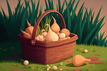 Canvas Print - On grass, a wooden basket is used to pick fresh onions. bulbs of freshly dug onions. onion crop from the community garden. Communal gardening Bio based goods wholesome way of life. Generative AI