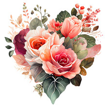 Heart Shaped Rose Bouquet, Romantic Heart Vignette Made Of Vintage Flowers  And Leaves Of Roses In Gentle Retro Style Watercolor Painting, PNG Transparent Background, Generative AI.
