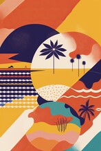 Minimalist Stylised Retro Poster. Holidays, Summer, Travelling Concept. AI Generated Digital Design.