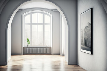 Wall Mural - Vacant room with wooden flooring, white and gray walls, and windows that resemble arches. Two hefty vertical posters are present. a mockup. Generative AI