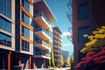 Canvas Print - Vancouver, British Columbia, New Modern Apartment Buildings. Canadian contemporary housing on a bright day. No one, taken in Vancouver, British Columbia, Canada. Generative AI