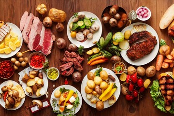 Summer BBQ or picnic food corner border over a rustic wood banner background. Assorted grilled meats, vegetables, fruits, salad and potatoes. Overhead view with copy space. Generative AI