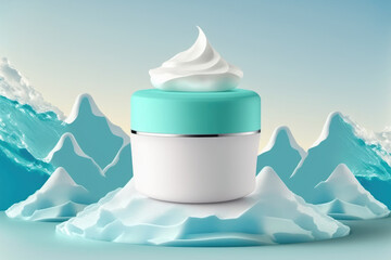 Sticker - Podium is iceberg white and refreshingly cool. Ocean blue sky or polar glacier show scenery winter season pedestal for skin care and cosmetics snow freeze. illustration. Generative AI