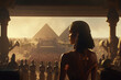 Cleopatra's speech to the crowd at sunset with the pyramids of Giza in the background in Egypt. Ai generated art