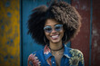 © unai - Full body portrait, Stock photography portrait of an afro haired girl wearing sunglasses smiling. Ai generated art