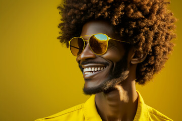 Poster - Full body portrait, Stock photography portrait of an afro haired man wearing sunglasses smiling, yellow background. Ai generated art