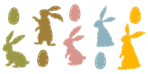 A set of colored Easter bunnies and colored Easter eggs. The contours of rabbits and eggs are stitched along the edge. Rabbit or hare, a spring festive animal for Easter. Cartoon vector made of fabric