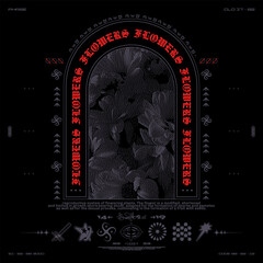 Wall Mural - Poster with flowers in the arch. Abstract print with dither effect and elements Y2K for streetwear, print for t-shirts and sweatshirts on a black background