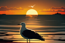 Sunset Sea Horizon With A Seagull Silhouette. Generative AI