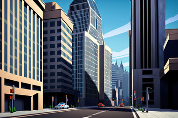 Canvas Print - urban roadway lined with contemporary corporate architecture and office buildings. Generative AI