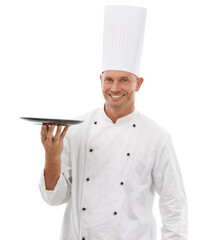 Wall Mural - Portrait of chef, empty tray and smile, presenting menu special promo deal or restaurant product placement. Happy cafe, cook and man in uniform with mock up isolated on white background in studio.