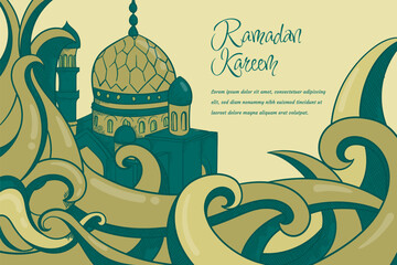 Wall Mural - Vintage hand drawn ornament with mosque in green design for ramadan kareem template