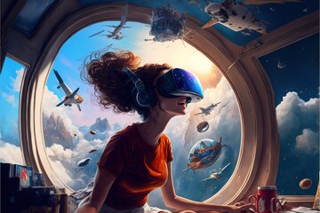 A woman sitting in a window with a view of the sky and planes flying overhead and a cup of coffee in front of her cyberpunk art retrofuturism artistic illustration