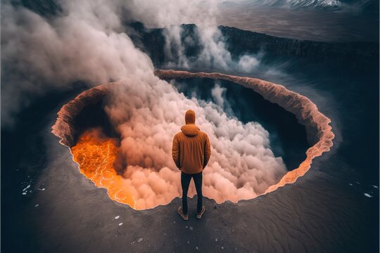 A man standing in front of a lava lake with a volcano in the background and a lava pool in the middle a matte painting art photography surreal photography