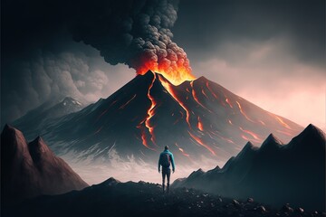 Poster - A man standing on a mountain looking at a volcano with lava pouring out of it and a man standing on the top of the mountain a matte painting fantasy art cinematic matte painting