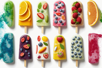 Wall Mural - Variety of frozen fruit popsicles in the summertime, isolated on a white backdrop. Generative AI