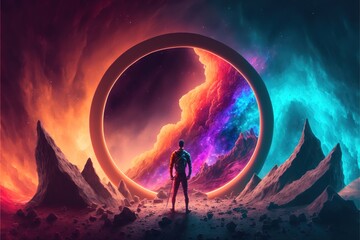 Poster - A man standing in front of a colorful space filled with clouds and mountains with a giant circular object in the middle an ultrafine detailed painting space art concept photo